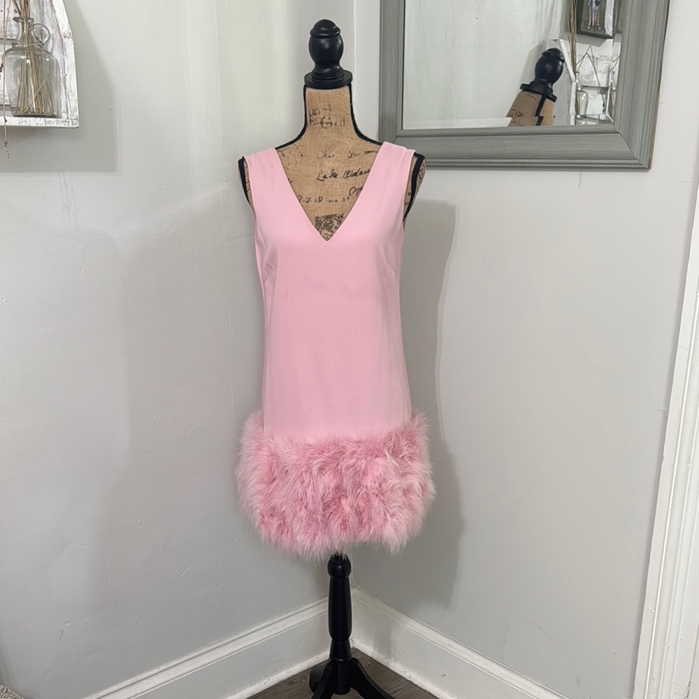 BCBGMaxAzria Pink Mini Dress with Feather Hem